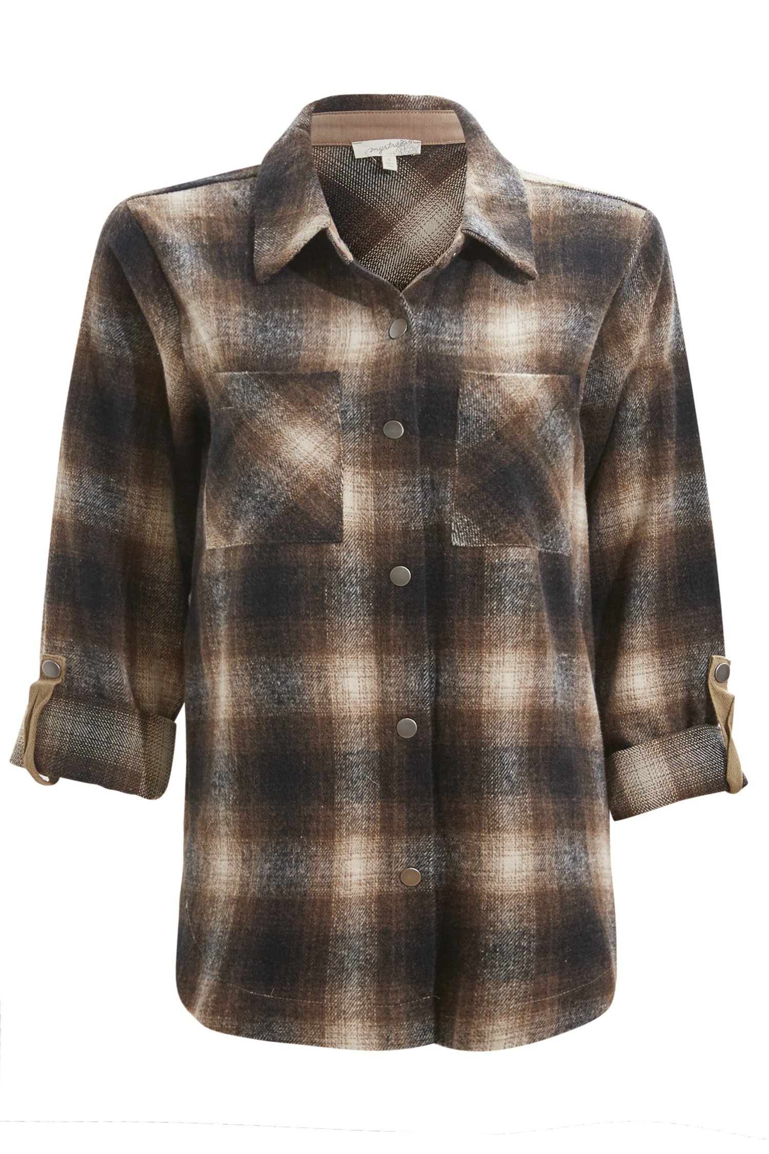 Collections Etc Pumpkin and Cat Plaid Button-Down Collared Shirt with  Roll-Tab Sleeves 