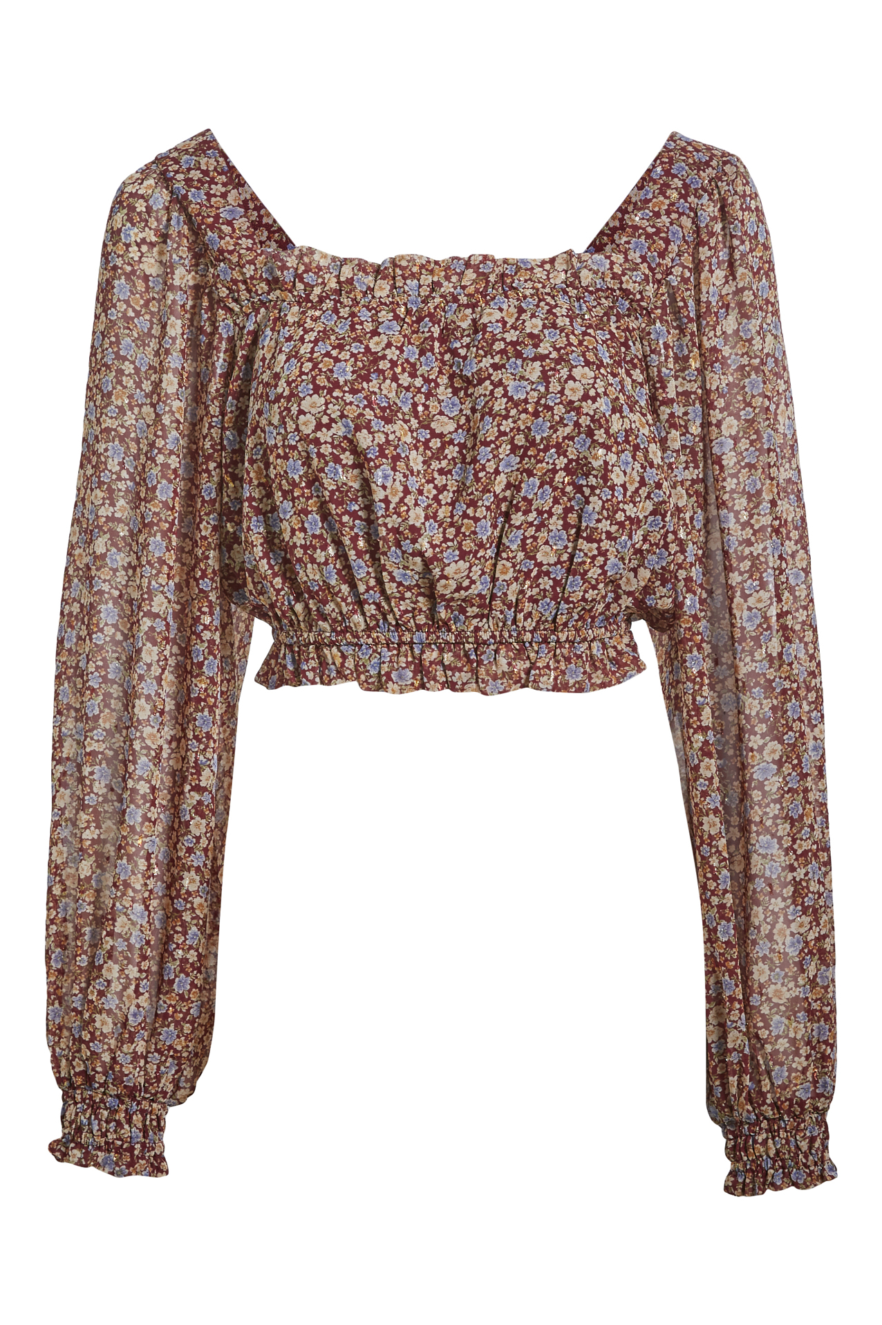 Long Balloon Sleeve Floral Crop Top in Burgundy Multi | DAILYLOOK