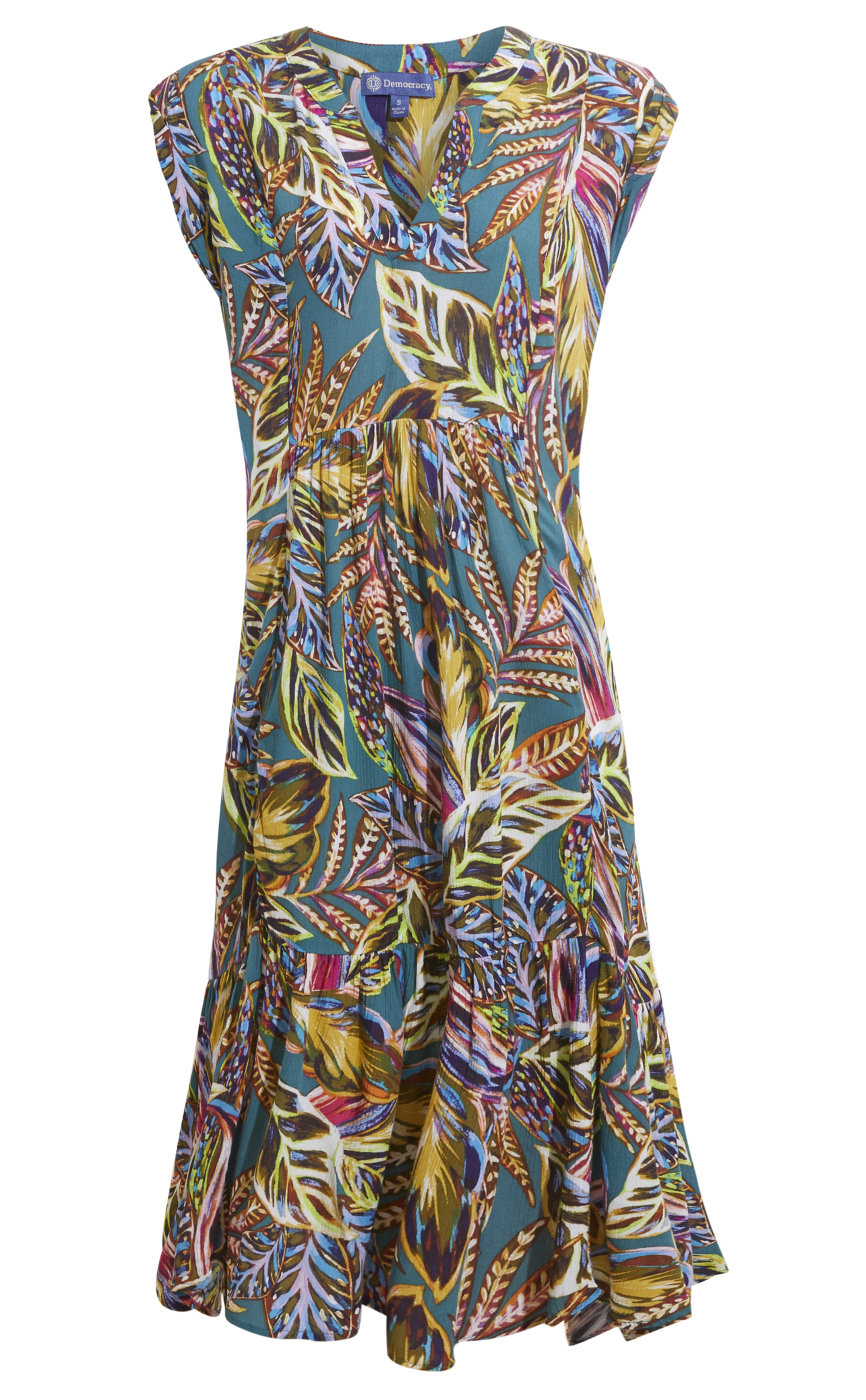 Democracy Tiered Midi Tropical Print Dress