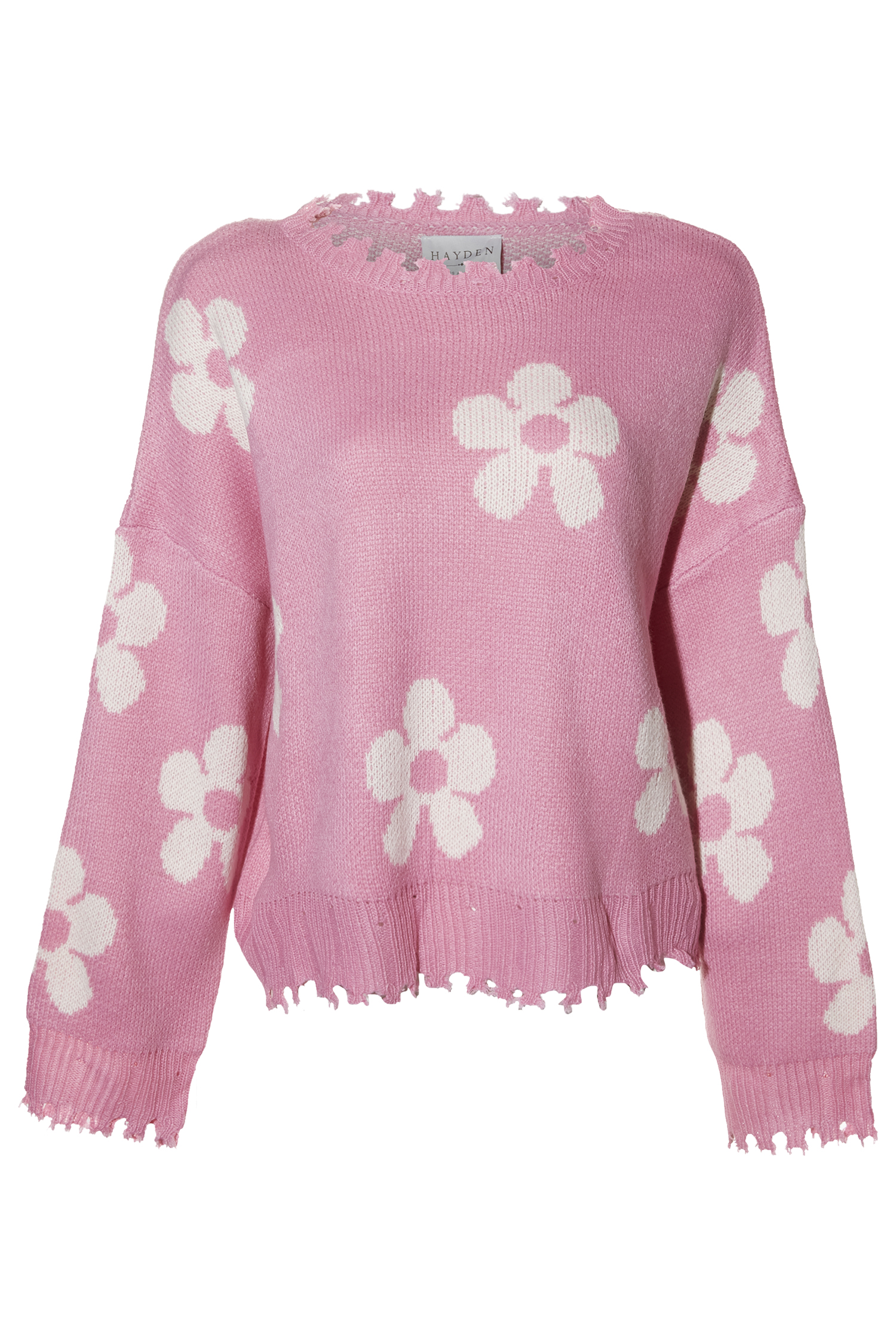 Distressed Floral Patterned Pullover Sweater