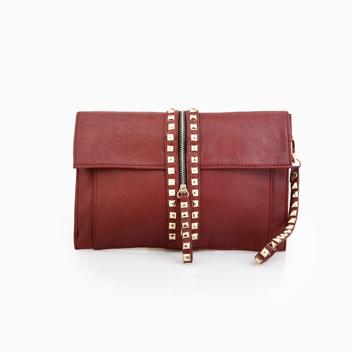 Studded Zipper Strap Clutch in Burgundy | DAILYLOOK