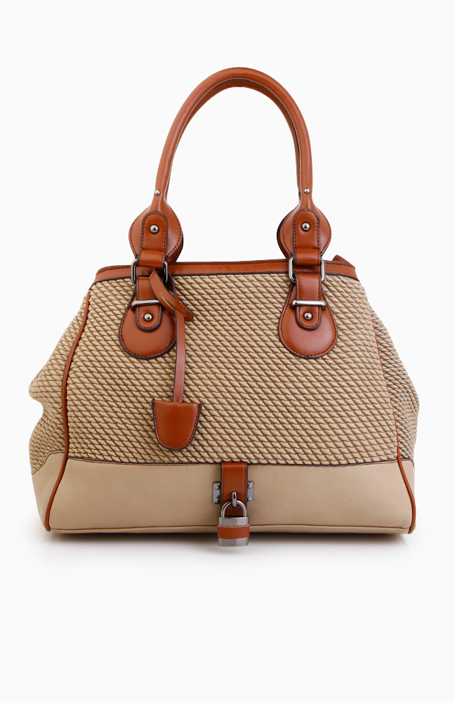 Textured Handbag With Lock Charm in Beige | DAILYLOOK