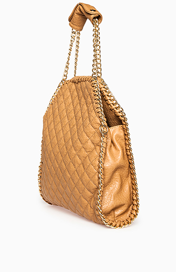 Chain Trim Quilted Tote in Beige | DAILYLOOK