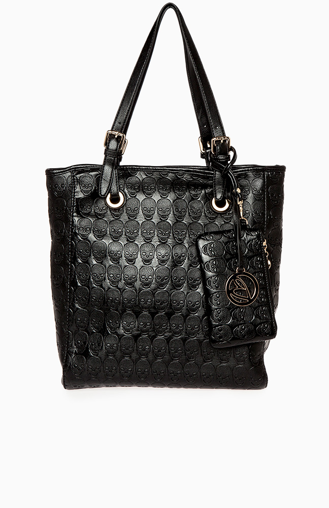 Skull Imprinted Tote with Coin Purse in Black | DAILYLOOK