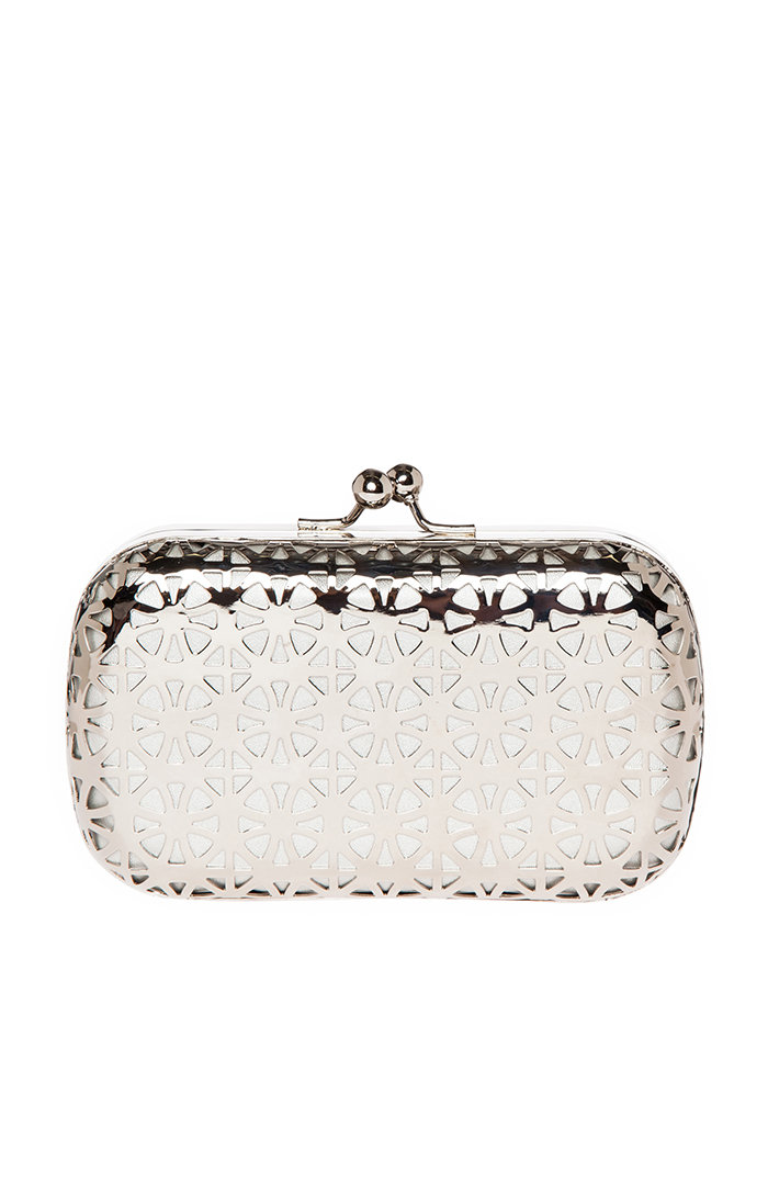 Laser Cut Metal Box Clutch in Silver | DAILYLOOK