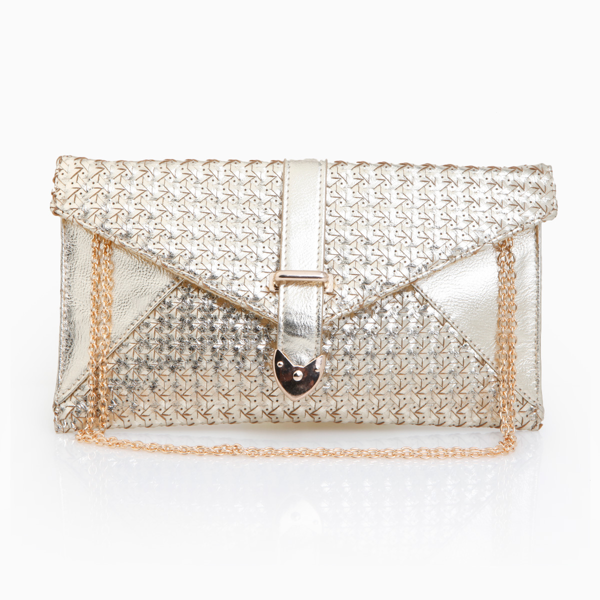 Metallic Woven Buckle Clutch in Gold | DAILYLOOK