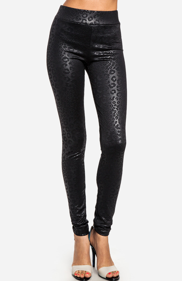 Coated Leopard Leggings in Black | DAILYLOOK