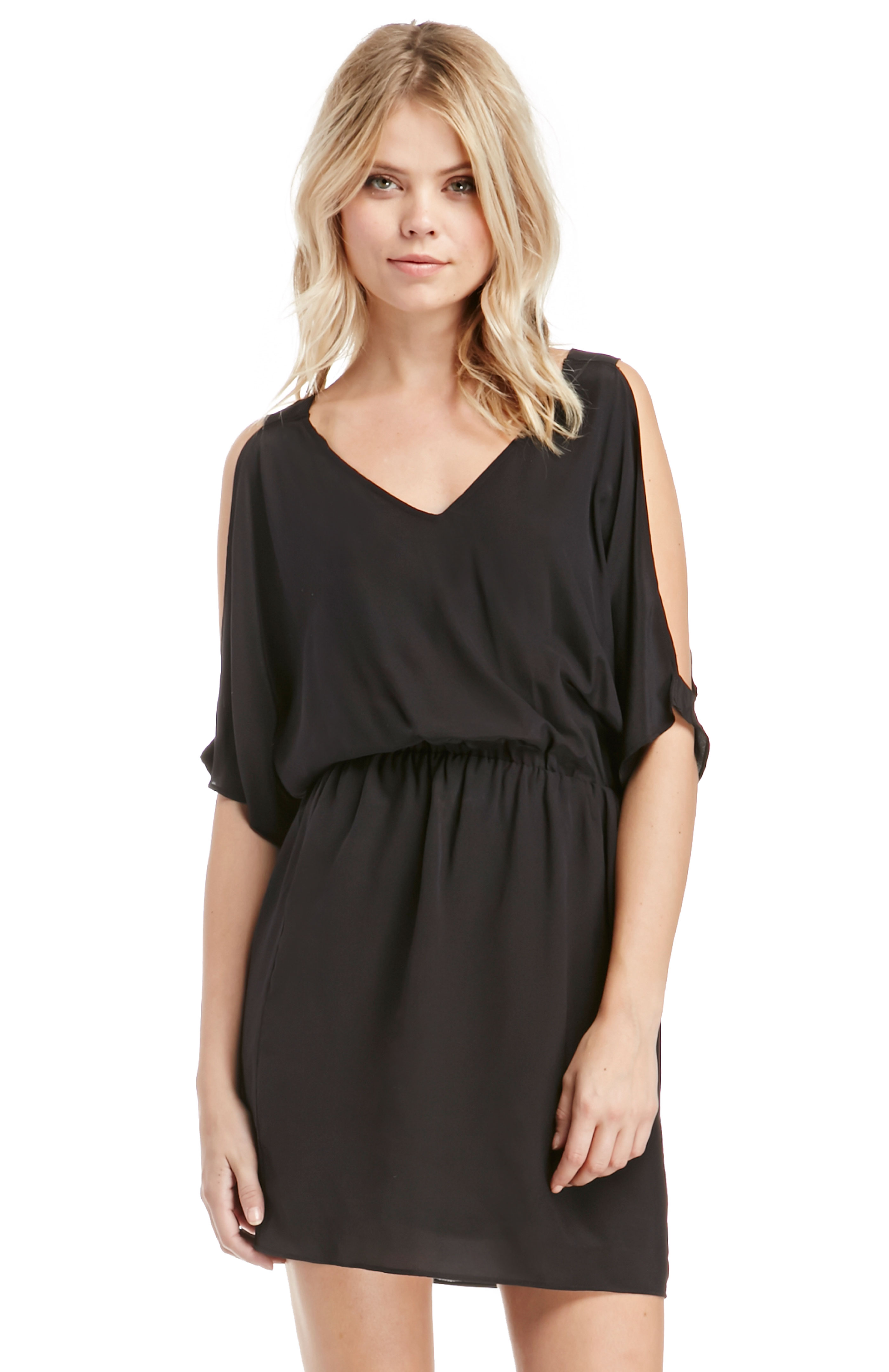 Lavender Brown Silk Cold Shoulder Mini Dress in Black | DAILYLOOK