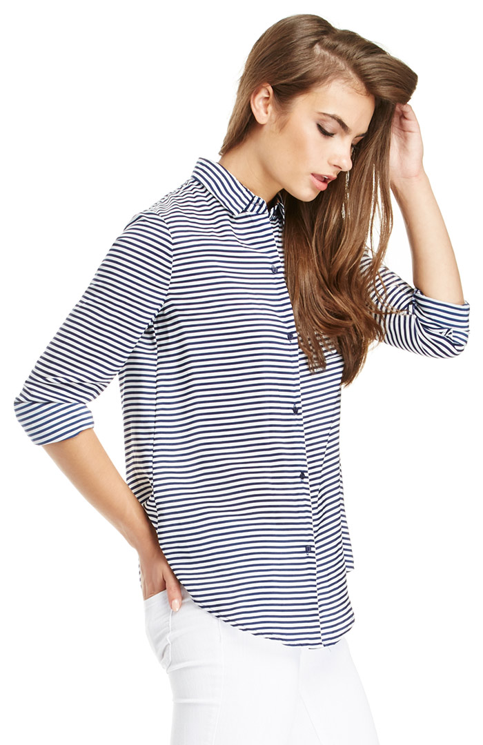 Striped Button Up Blouse in Navy | DAILYLOOK