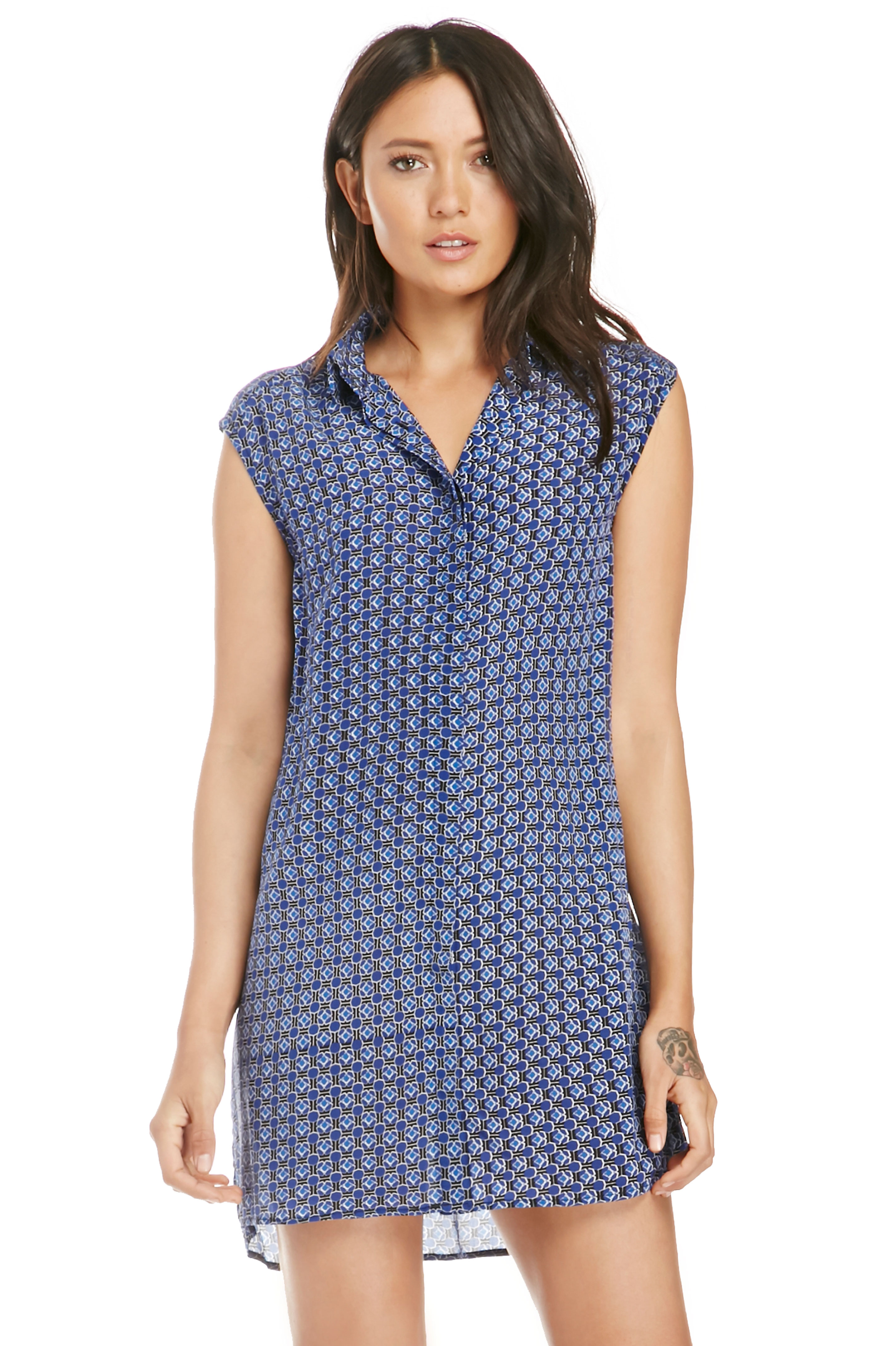 Mosaic Print Silk Shirt Dress in Blue | DAILYLOOK