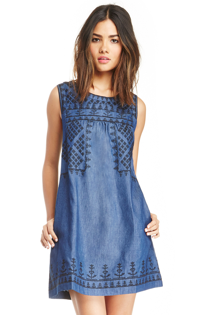 Sleeveless Embroidered Chambray Shift Dress in Blue | DAILYLOOK