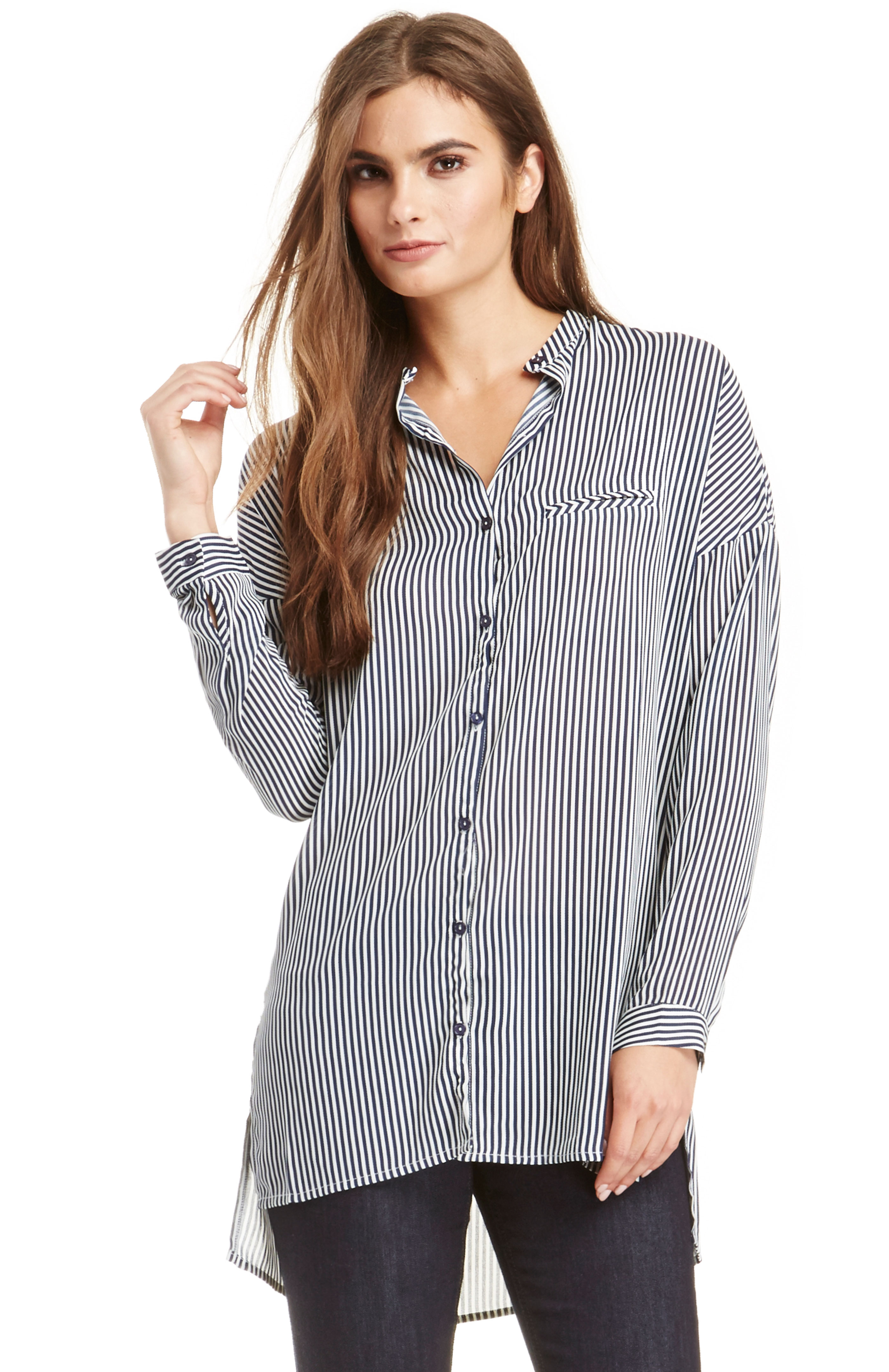 J. Franco Striped Button Down in White/Navy | DAILYLOOK