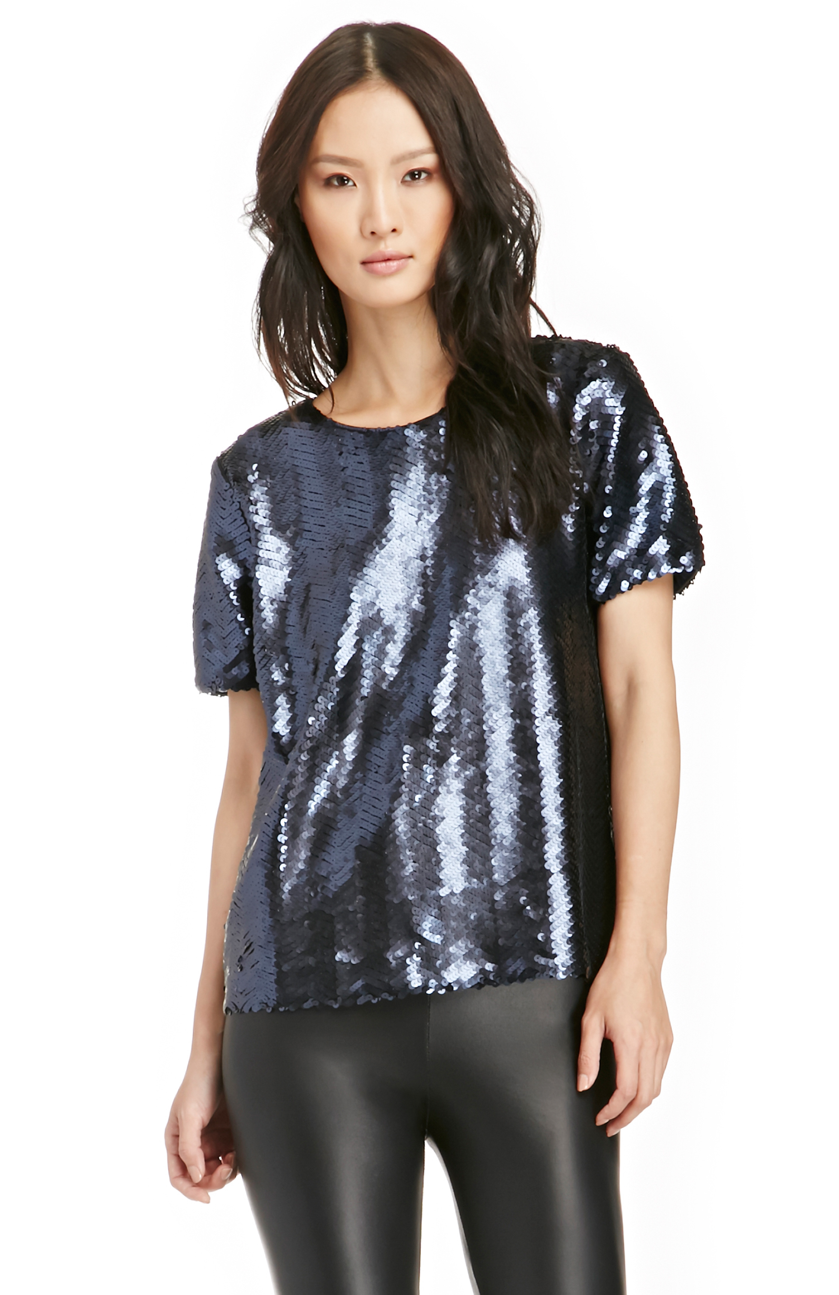 J.O.A. Chevron Pattern Sequin Top in Navy | DAILYLOOK