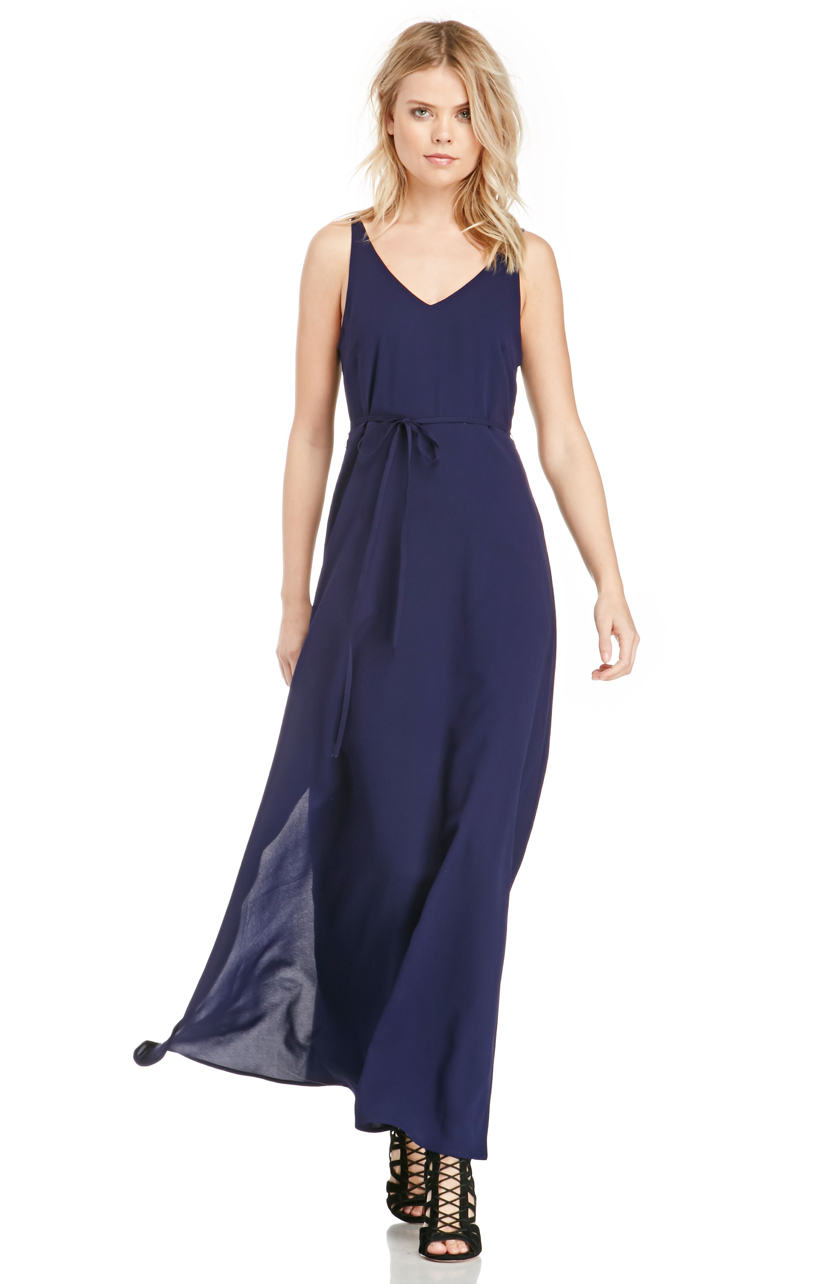 Crepe V-Back Maxi Dress in Navy | DAILYLOOK