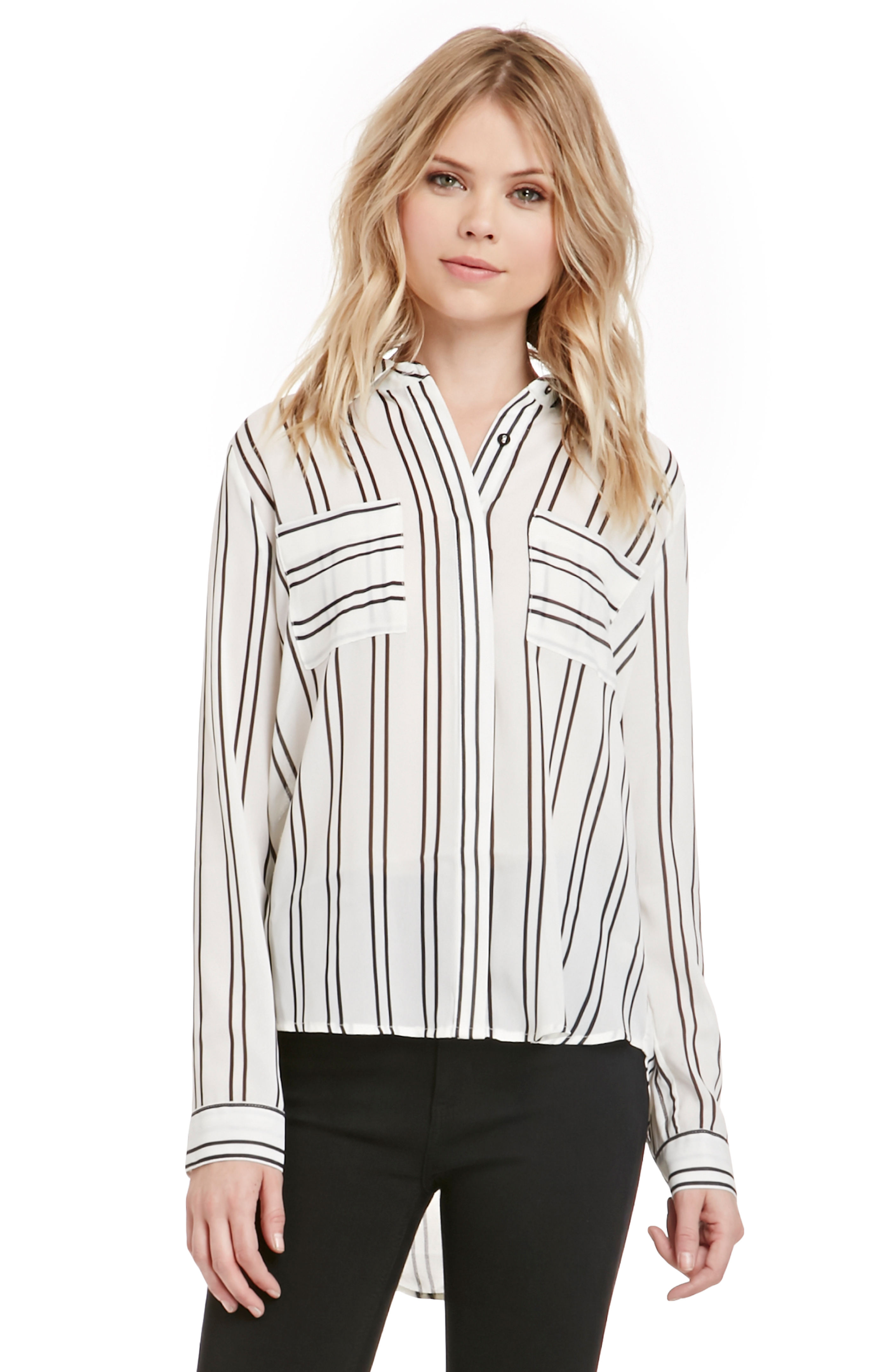 J.O.A Striped Double Front Pocket Shirt in Black/Ivory | DAILYLOOK