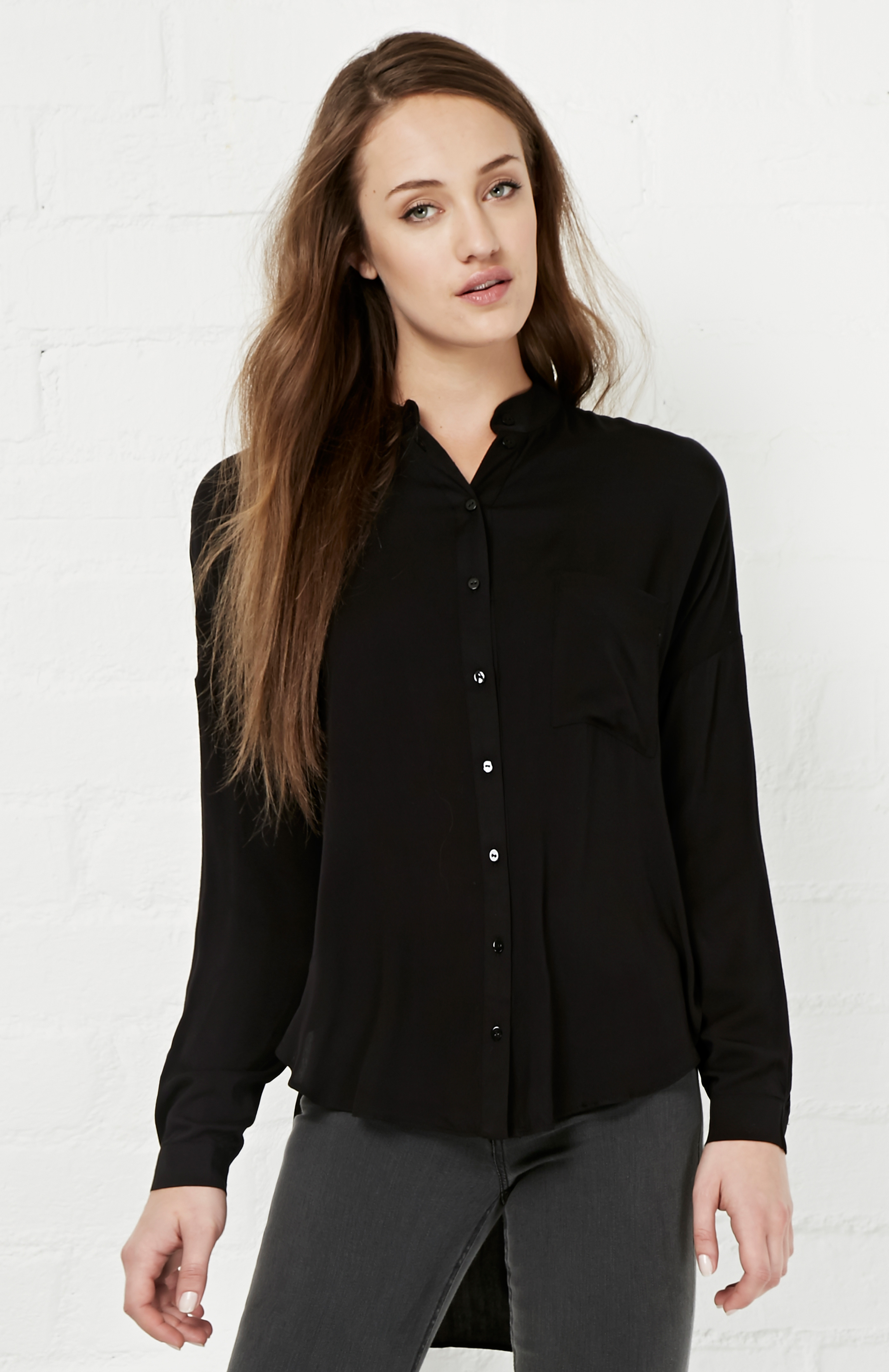 High Low Button Down Shirt in Black | DAILYLOOK