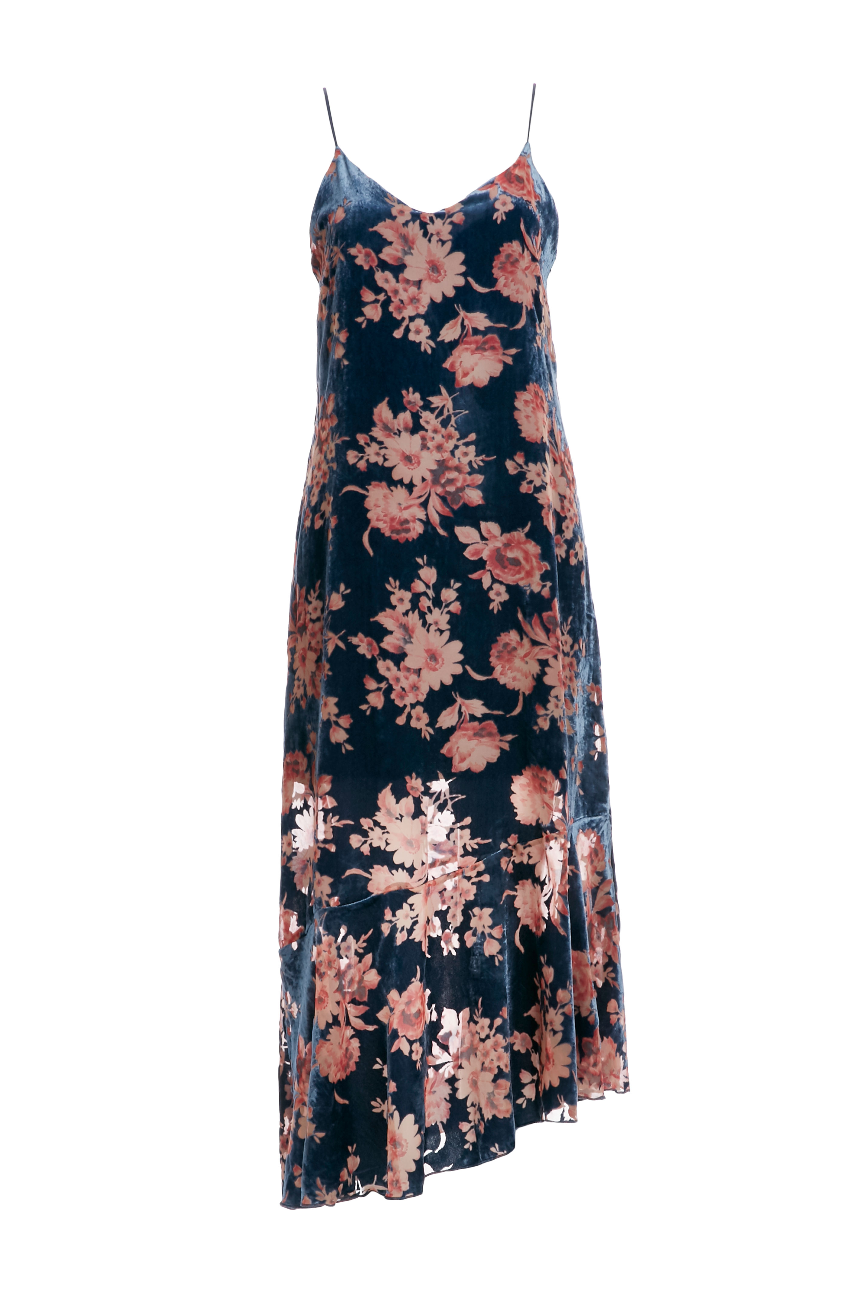 Line & Dot Velvet Burnout Floral Midi Dress in Blue | DAILYLOOK