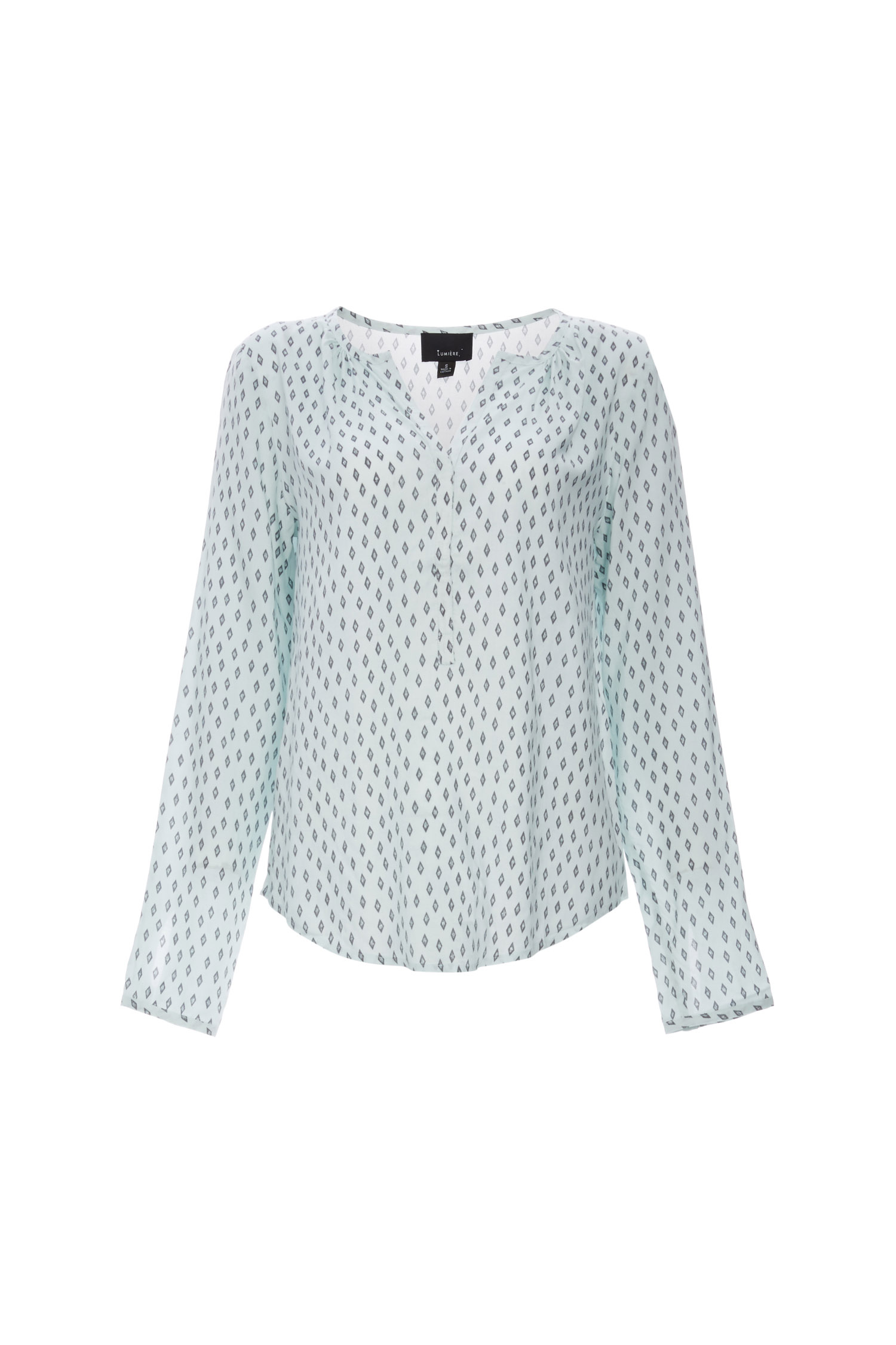 Long Sleeve Diamond Print Henley Blouse In Mint Dailylook