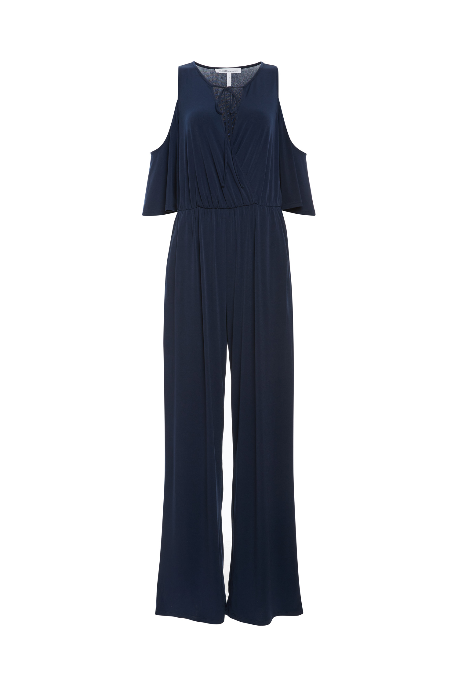 BCBGeneration Open Shoulder Surplice Jumpsuit in Navy | DAILYLOOK