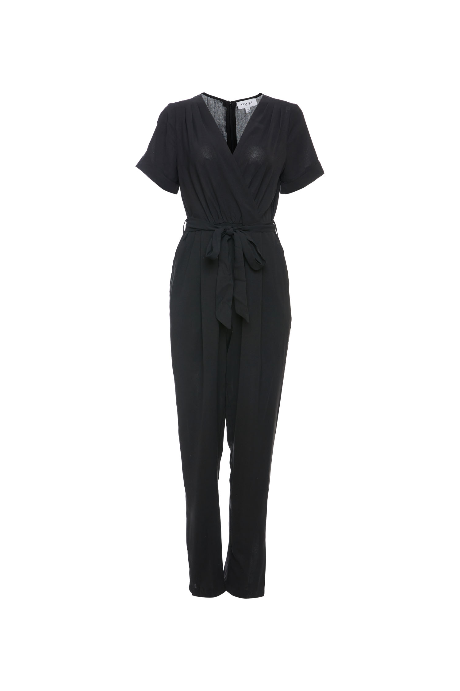 Short Sleeve Tie Waist Woven Jumpsuit in Black | DAILYLOOK