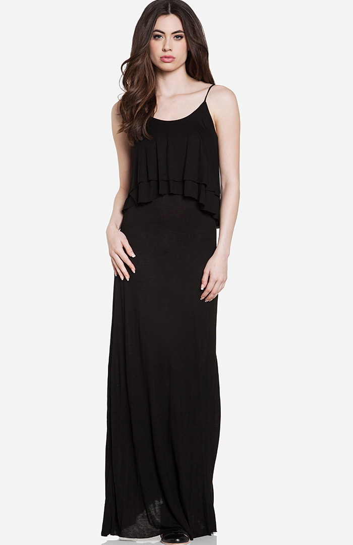 Ruffled Bodice Maxi Dress in Black | DAILYLOOK