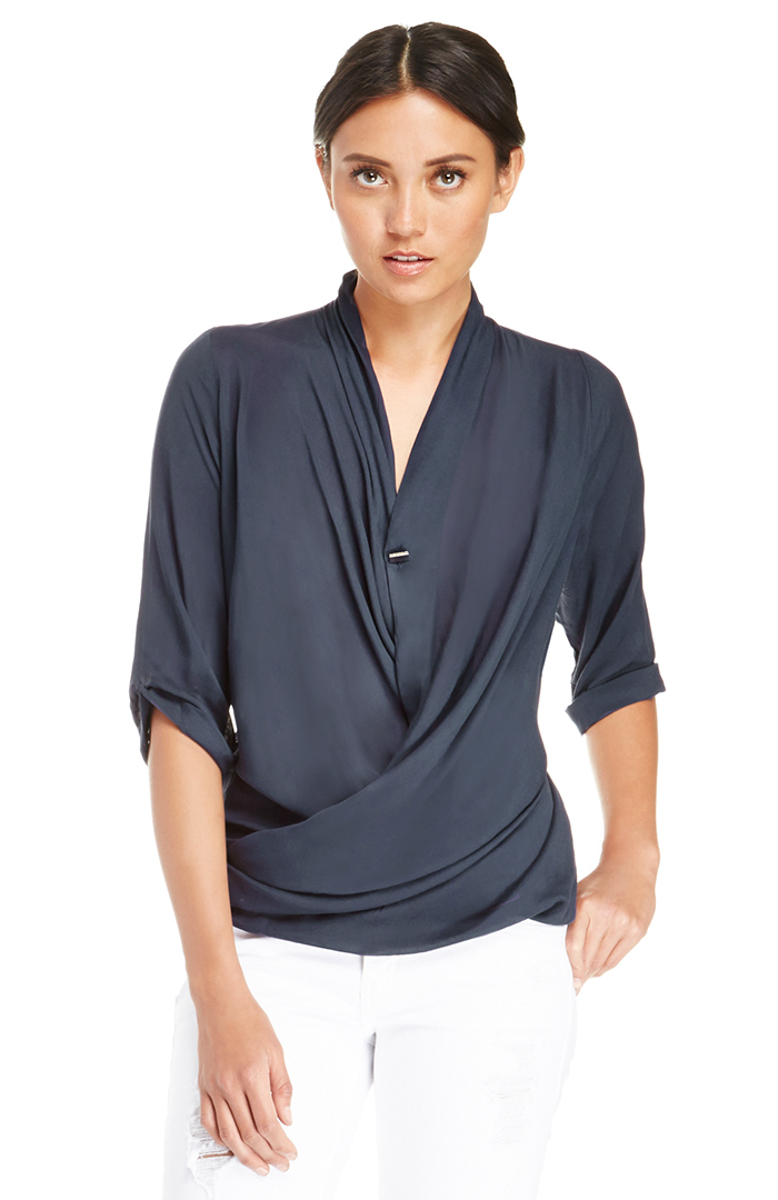 Faux Wrap Gauzy Blouse in Navy | DAILYLOOK