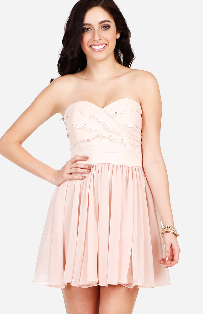 Strapless Pleated and Ruffle Dress in Rose | DAILYLOOK