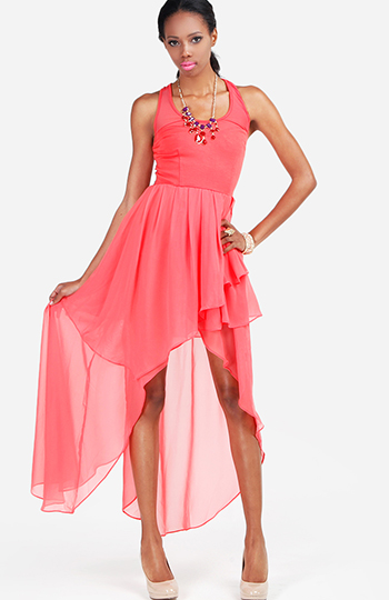 Vibrant High Low Dress in Coral | DAILYLOOK