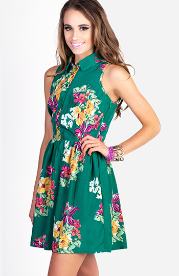 Floral Collared Vintage Dress in Green | DAILYLOOK