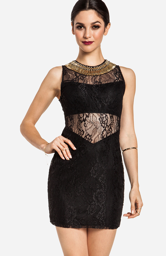 Beaded Collar Mini Lace Dress in Black | DAILYLOOK