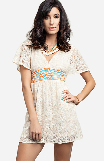 Embroidered Waist Lace Dress Slide 1