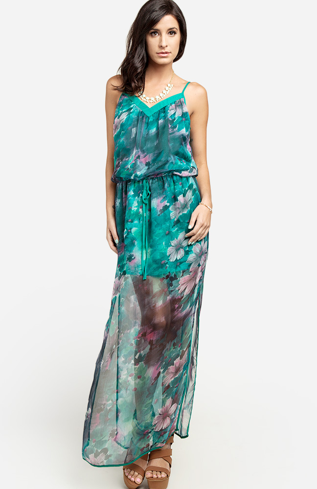 Floral Watercolor Maxi Dress in Teal | DAILYLOOK