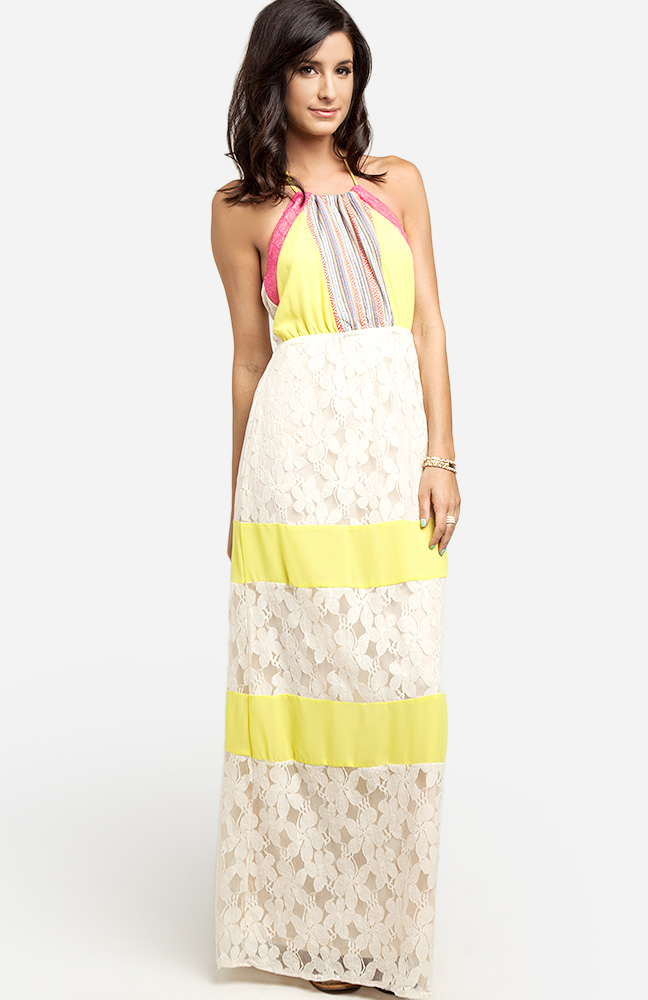 Fluorescent Detail Lace Maxi Dress in Yellow | DAILYLOOK