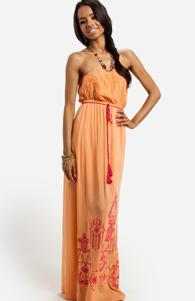 Strapless Embroidered Maxi Dress in Peach | DAILYLOOK