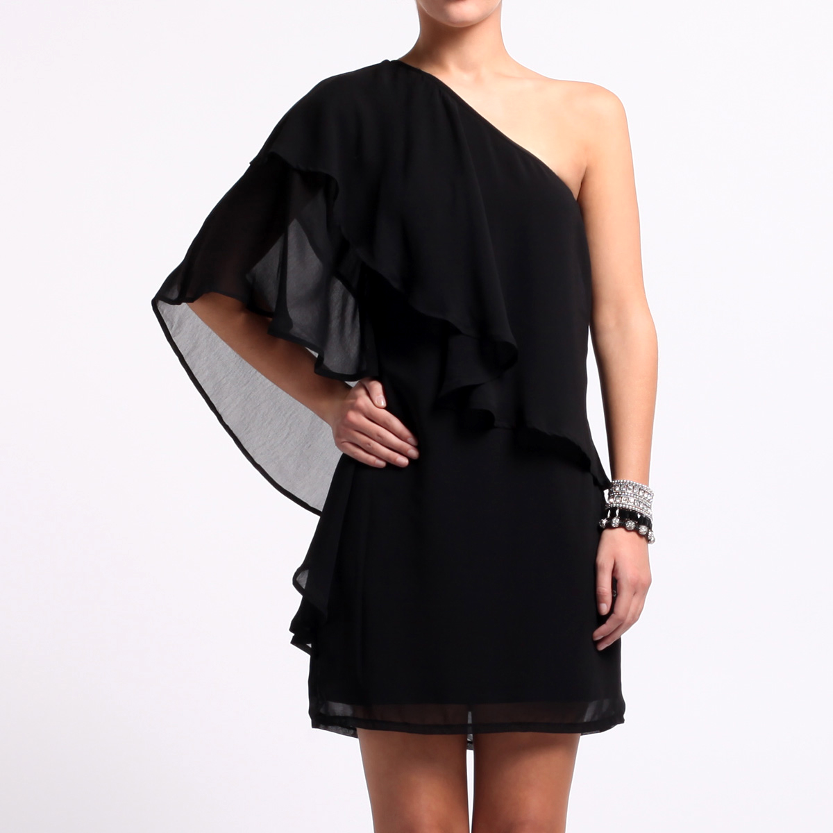 Chiffon One Shoulder Dress in Black | DAILYLOOK
