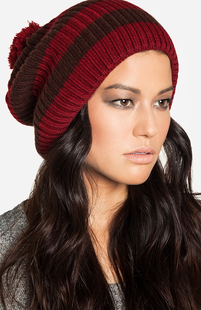 Pom Pom Striped Beanie in Burgundy | DAILYLOOK