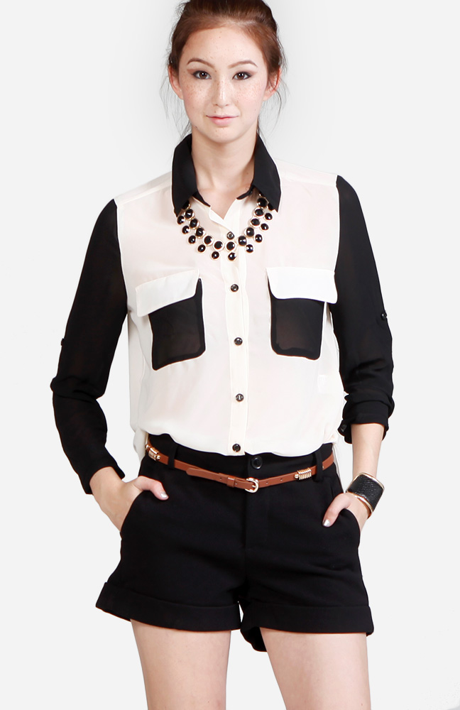 Sheer Color Block Blouse in Ivory | DAILYLOOK