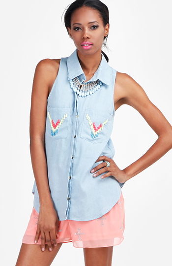 Chambray Beaded Top Slide 1