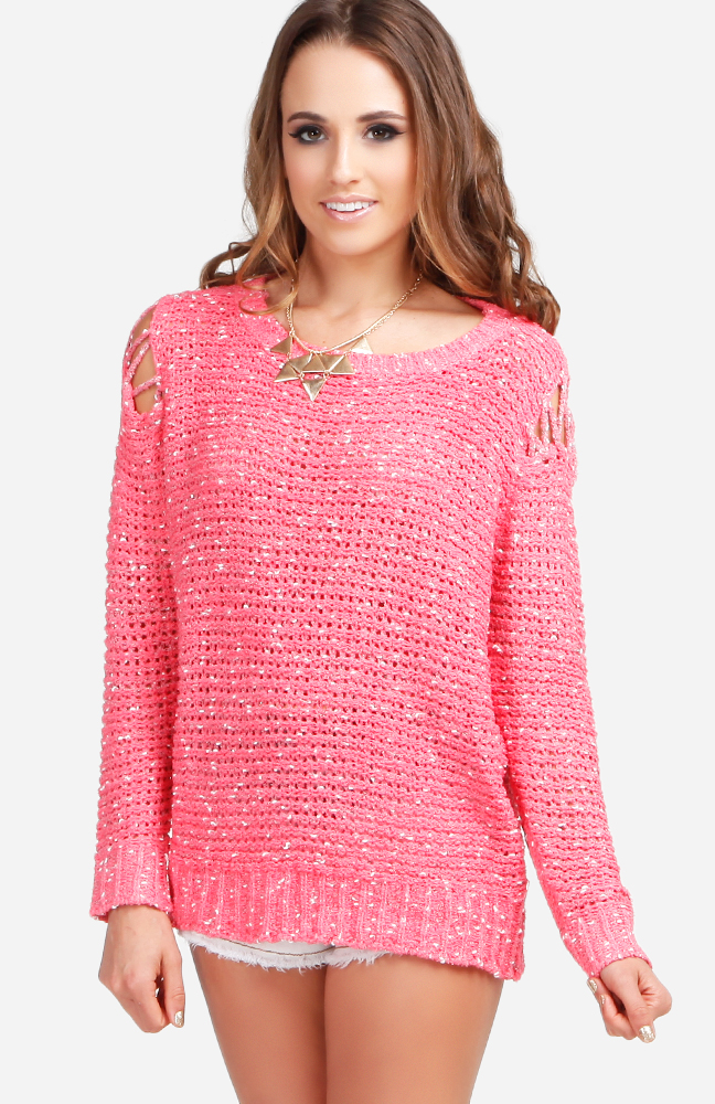 Shoulder Cut Out Knit Sweater in Pink | DAILYLOOK