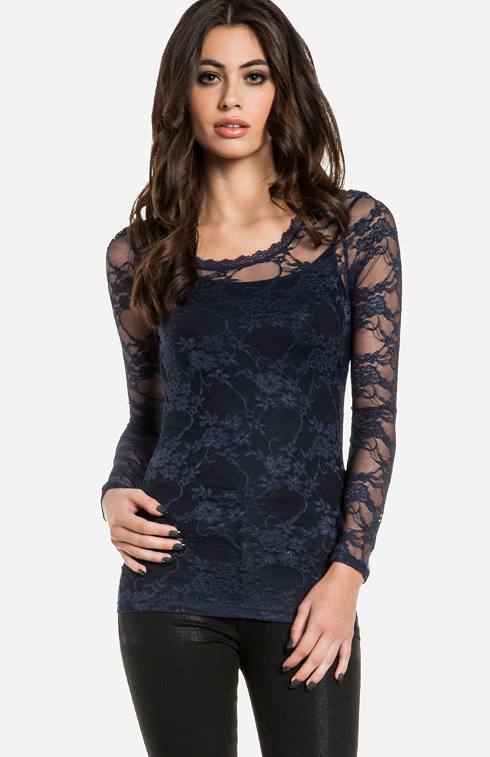 Long Sleeve Lace Top in Navy | DAILYLOOK