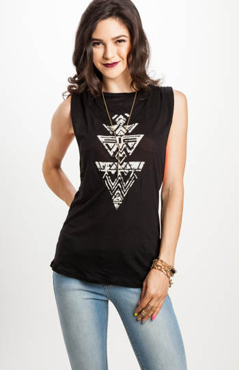 Tribal Open-Back Tank in Black | DAILYLOOK