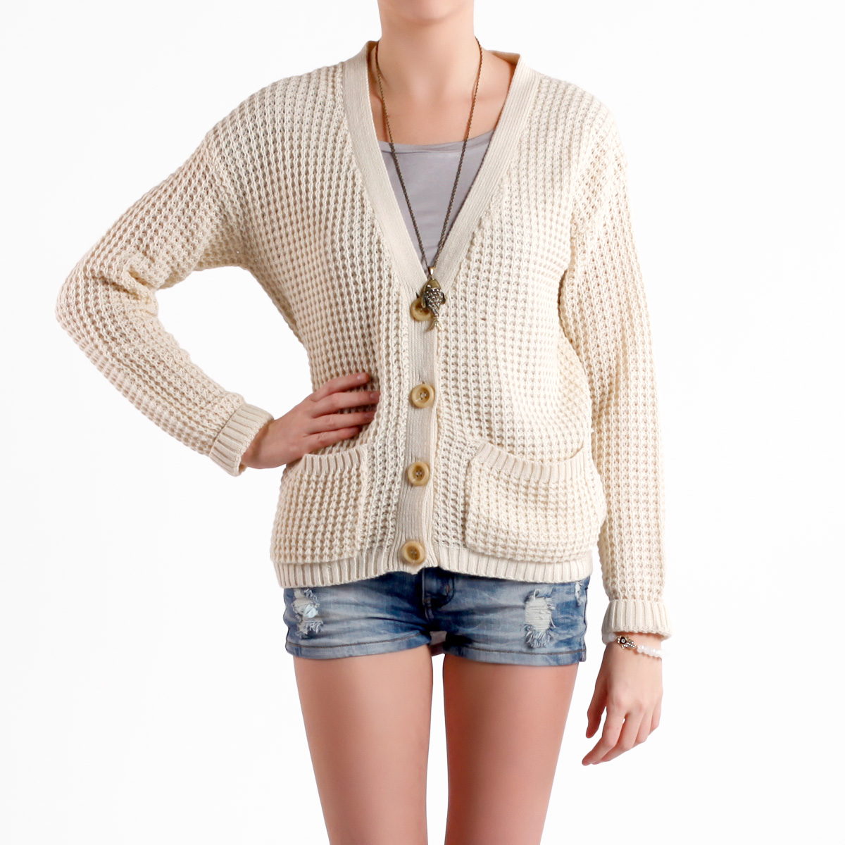 Slouch Waffle Knit Cardigan in Ivory DAILYLOOK