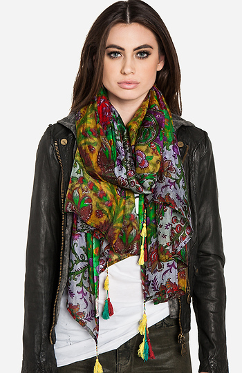 Vismaya Floral Silk Tassel Scarf Slide 1