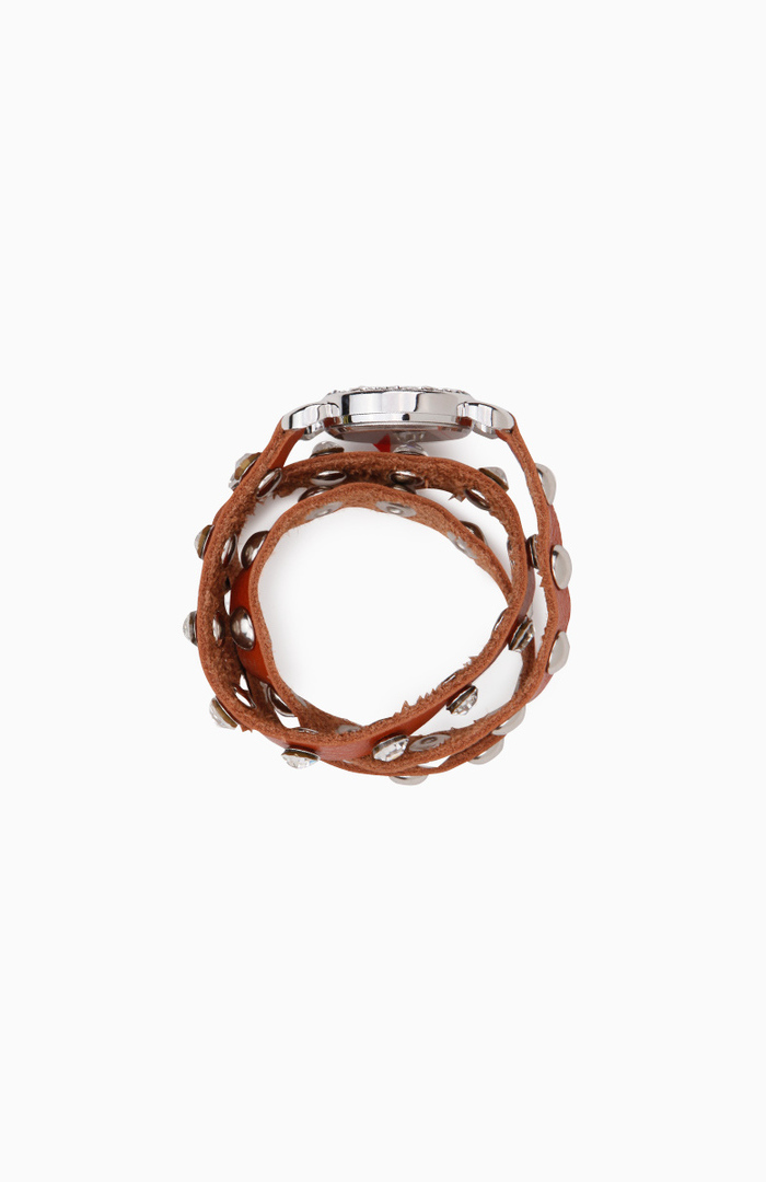 Crystal Stud Leather Wrap Watch Bracelet in Camel | DAILYLOOK