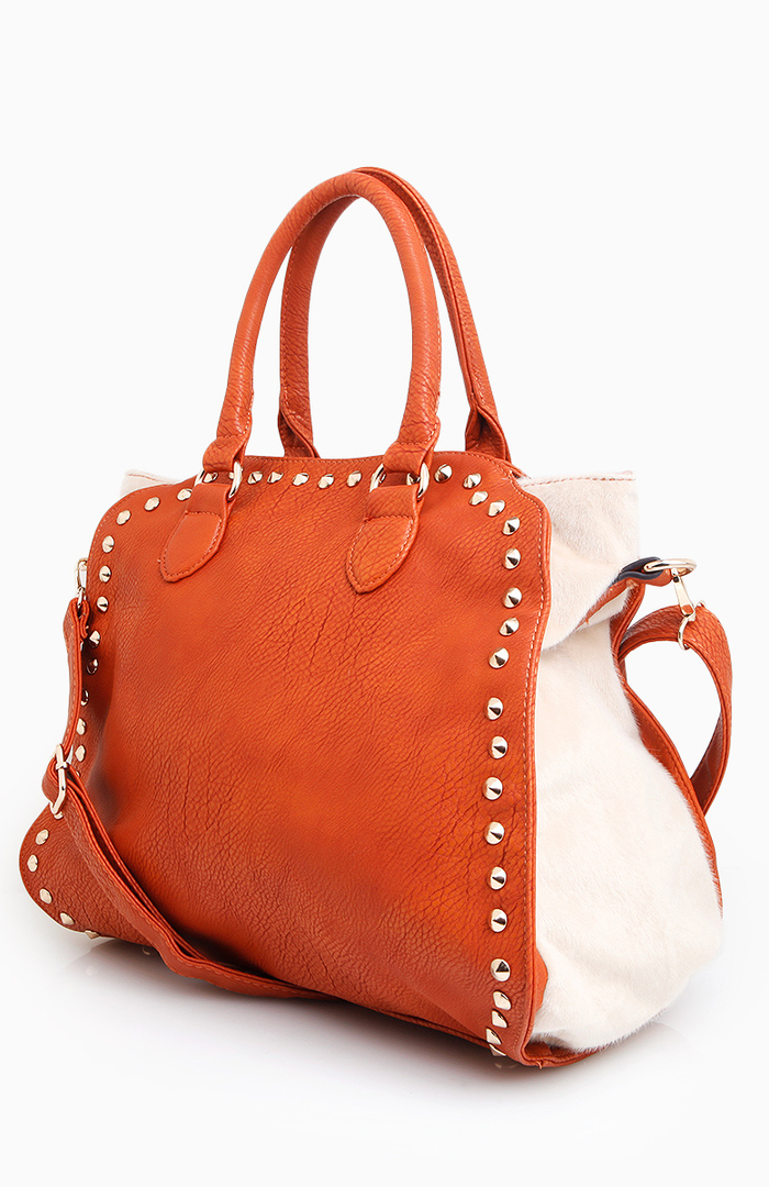 Studded and Faux Fur Trim Handbag in Orange | DAILYLOOK