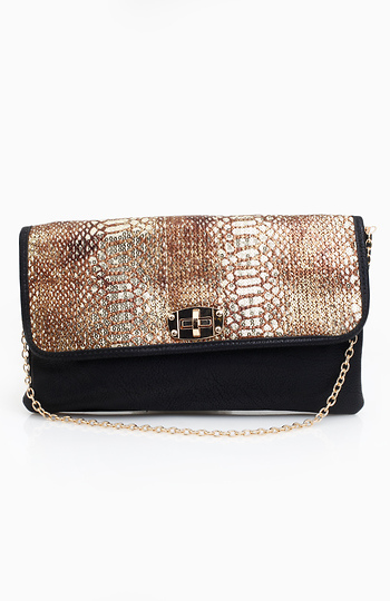 Snake Sequin Print Clutch in Black | DAILYLOOK