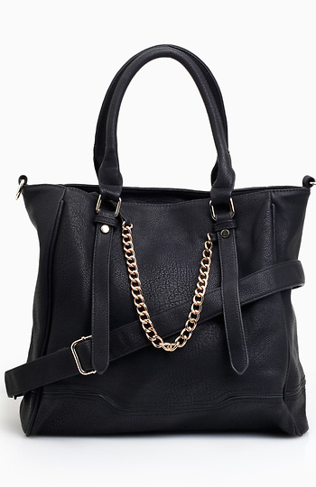 Textured Handbag with Chain Link Detail Slide 1