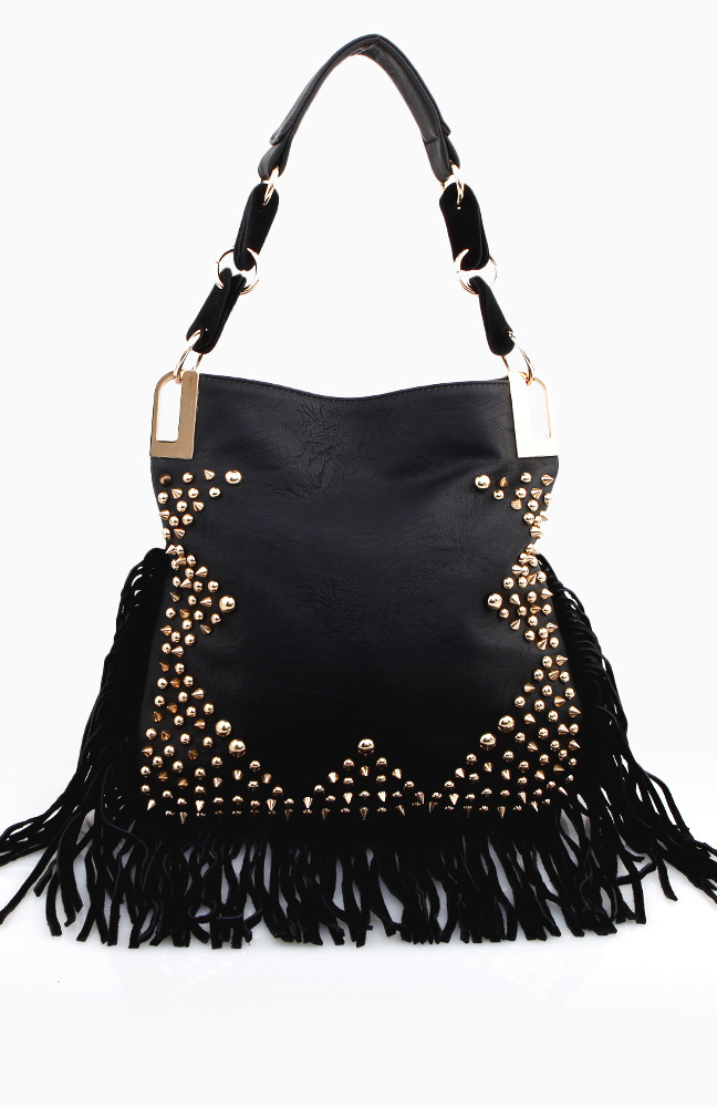 Studded Purse with Fringe in Black | DAILYLOOK