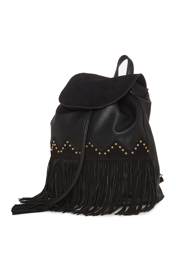 Studded Suede Tassel Backpack in Black | DAILYLOOK