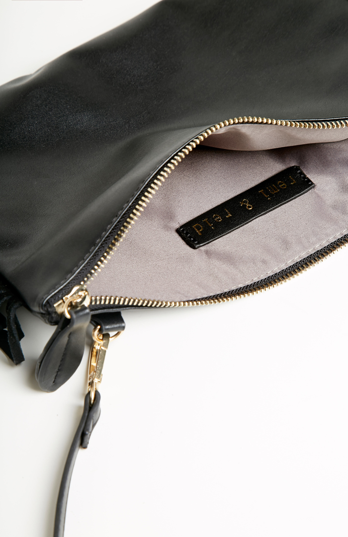 Remi & Reid Leather Side Fringe Shoulder Bag in Black | DAILYLOOK
